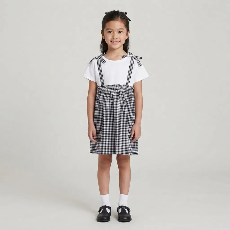 Sinsay Girl's White & Black Gingham Pinafore Dress