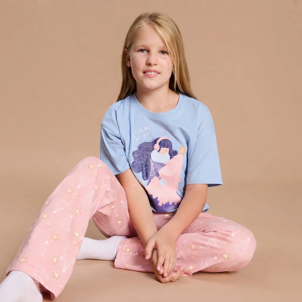Sinsay Girl's Light Pink & Blue Patterned Pajama Set