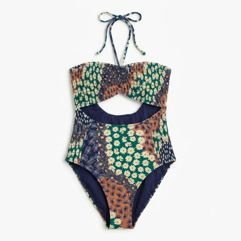 Zara Women's Navy One-Piece Halter Neck Swimsuit With Floral Print | Zara In Lebanon