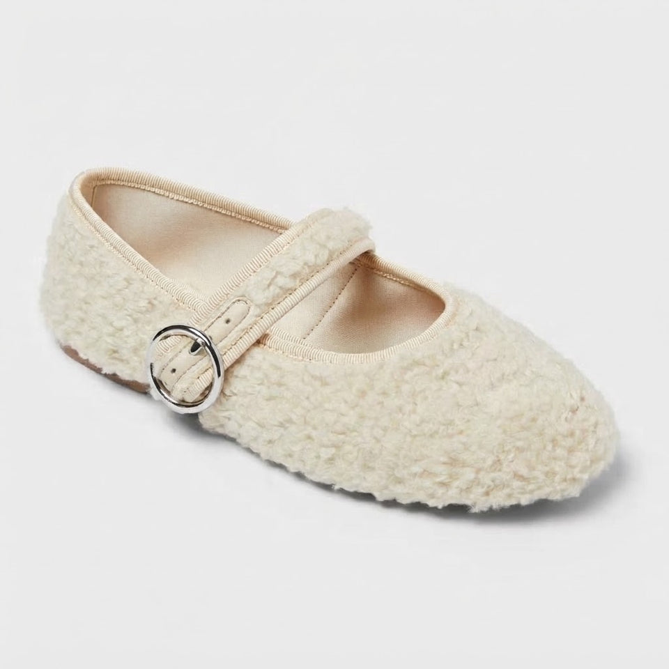 Art Class Women's Cream Sherpa Fleece Buckle Strap Ballet Flats