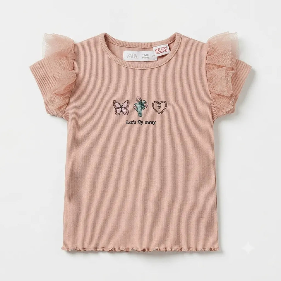 Zara Girl's Dusty Rose "Let's Fly Away" Embroidery Short Sleeve T-Shirt | Zara In Lebanon