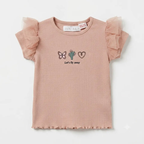 Zara Girl's Dusty Rose "Let's Fly Away" Embroidery Short Sleeve T-Shirt | Zara In Lebanon
