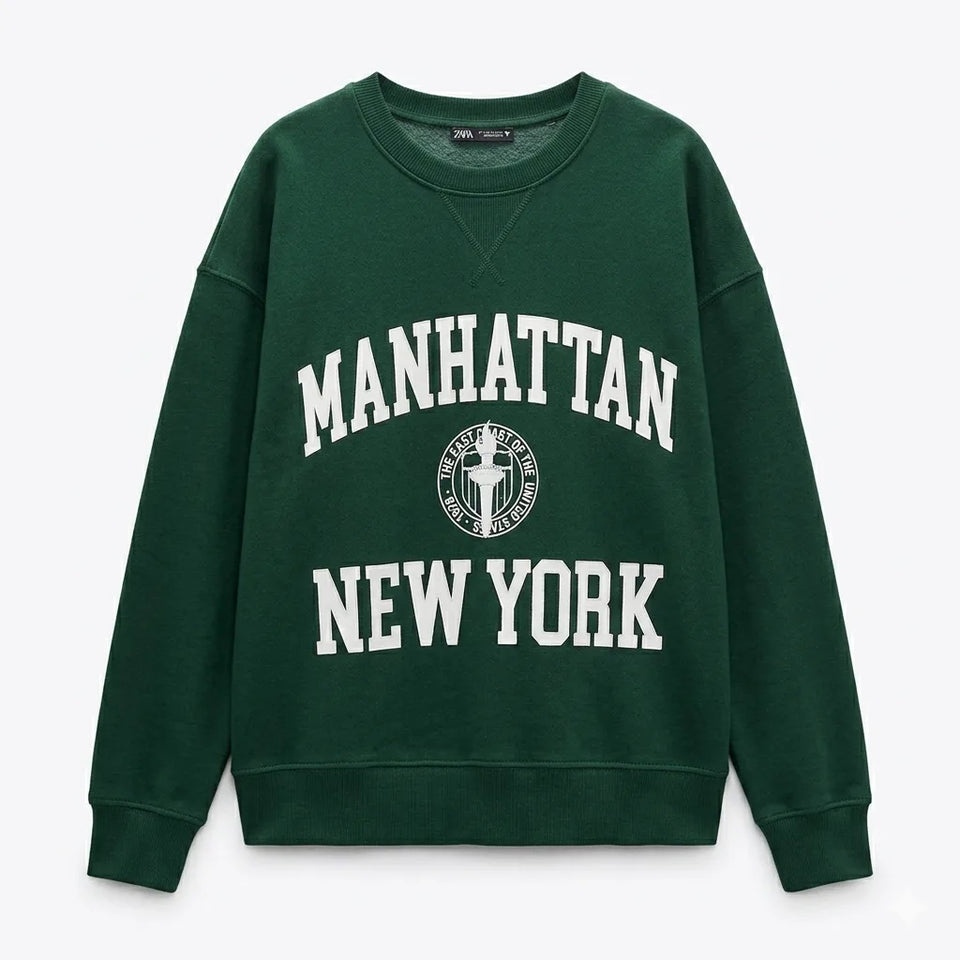 Zara Women's Dark Green "Manhattan New York" Sweatshirt | Zara In Lebanon