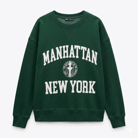 Zara Women's Dark Green "Manhattan New York" Sweatshirt | Zara In Lebanon