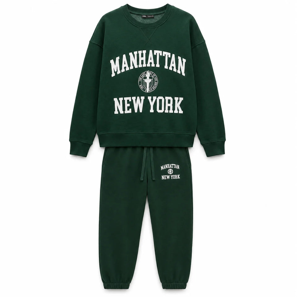 Zara Women's Dark Green Manhattan New York Sweatshirt And Pant Set | Zara In Lebanon