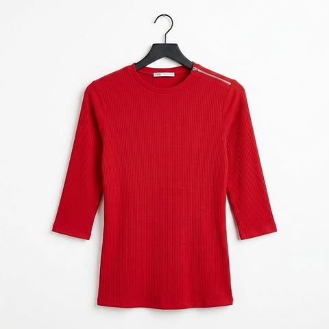 Zara Women's Red Ribbed Long Sleeve Blouse | Zara In Lebanon