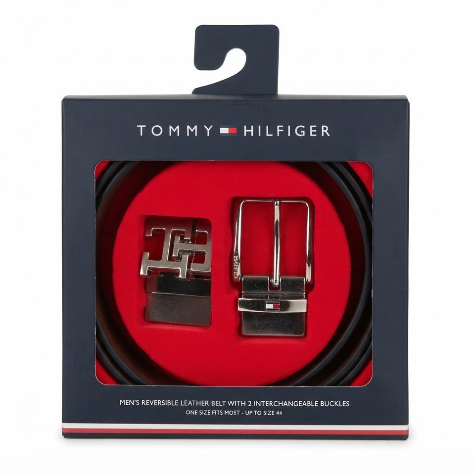 Tommy Hilfiger Men's Black & Brown Reversible Strap 2-Buckles Belt Set