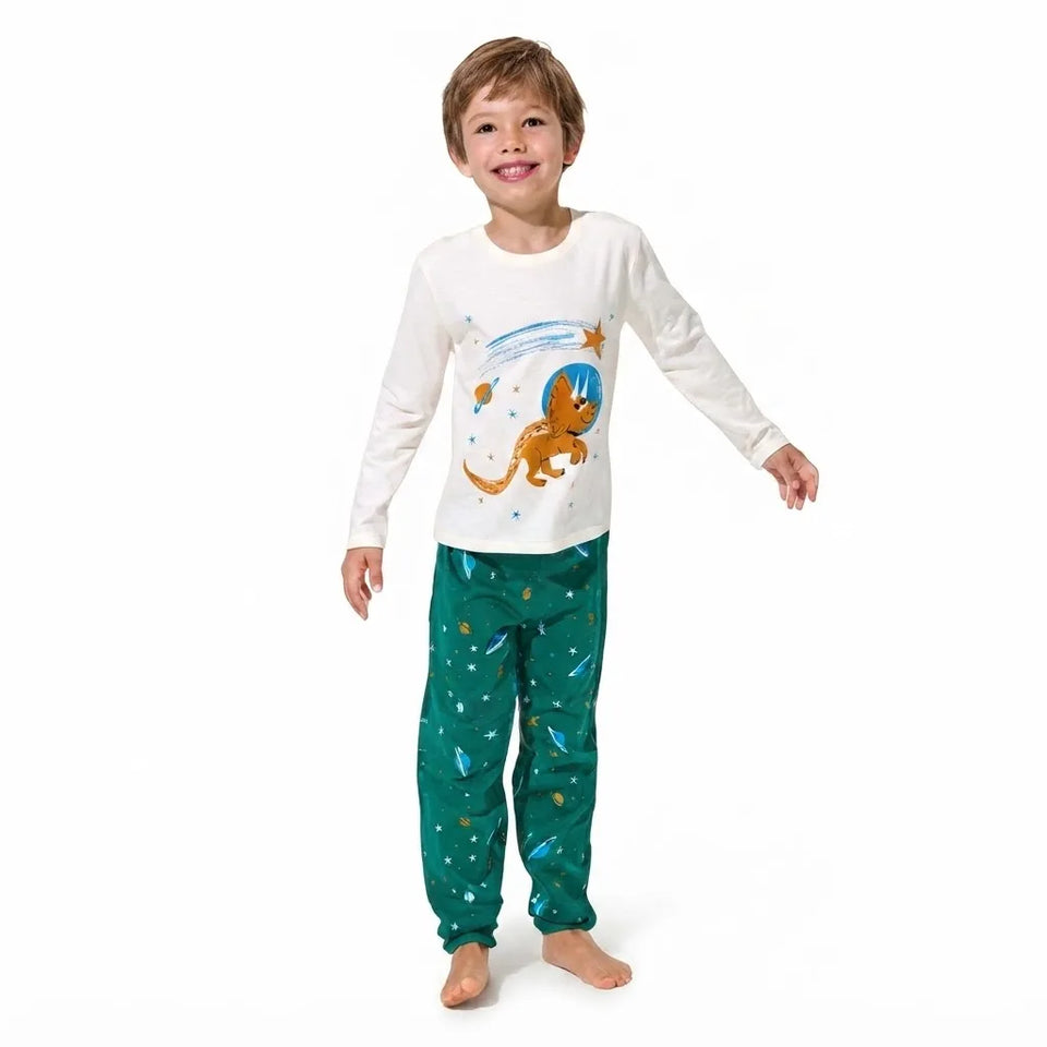 Sinsay Boy's Cream & Green Printed Long-Sleeves Pajama Set
