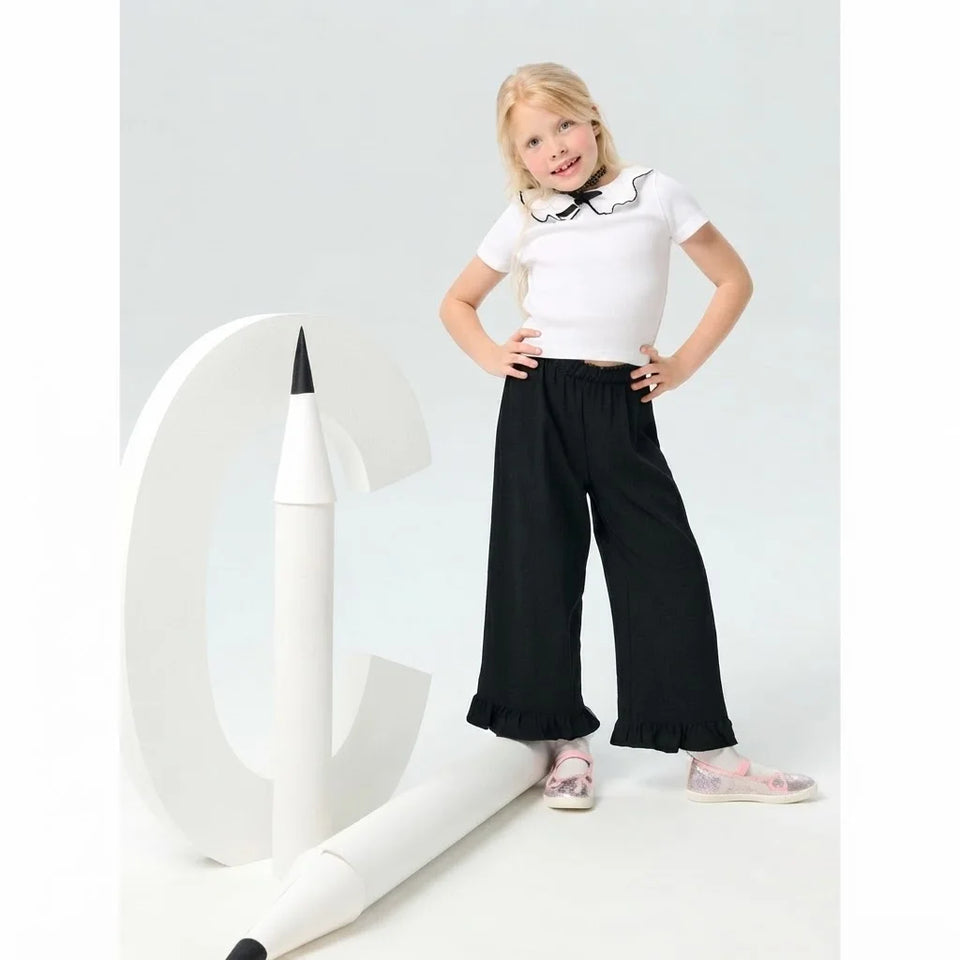 Sinsay Girl's White & Black Peter Pan Collar Top With Wide-Leg Pants Set
