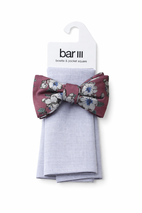 BAR III Men's Mauve Dusty Wine Floral Bow Tie + Gray Solid Pocket Square Set| BAR III  In Lebanon