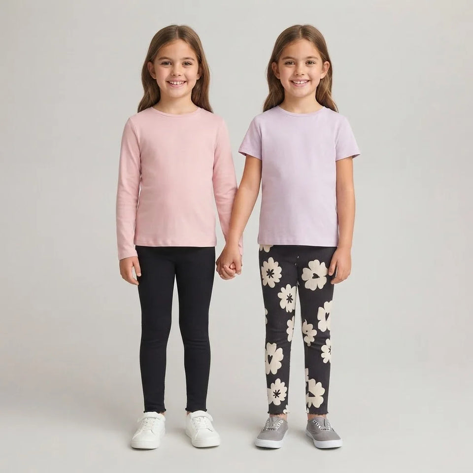 Sinsay Girl's Solid Black & Dark Grey Floral Pack Of 2 Leggings