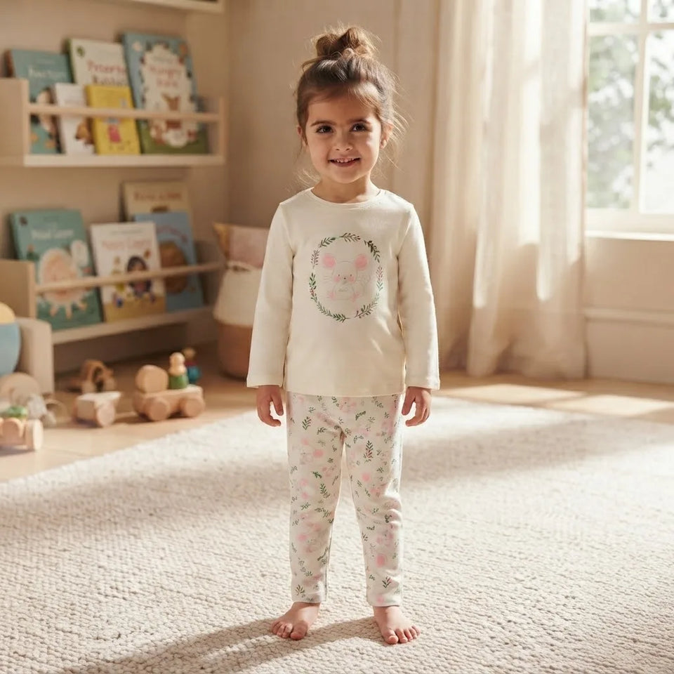 Sinsay Girl's Off White All Over Printed Long-Sleeves Pajama Set