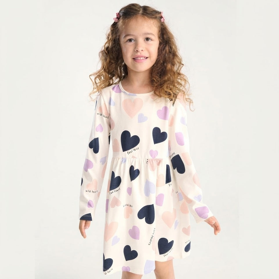Sinsay Girl's Cream-Colored Heart Printed Cotton Dress