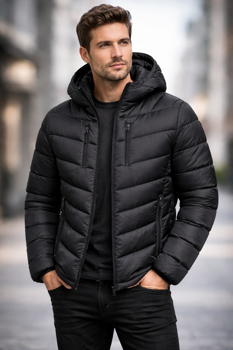 Club Room Men's Black Chevron Quilted Hooded Puffer Jacket |Club Room In Lebanon