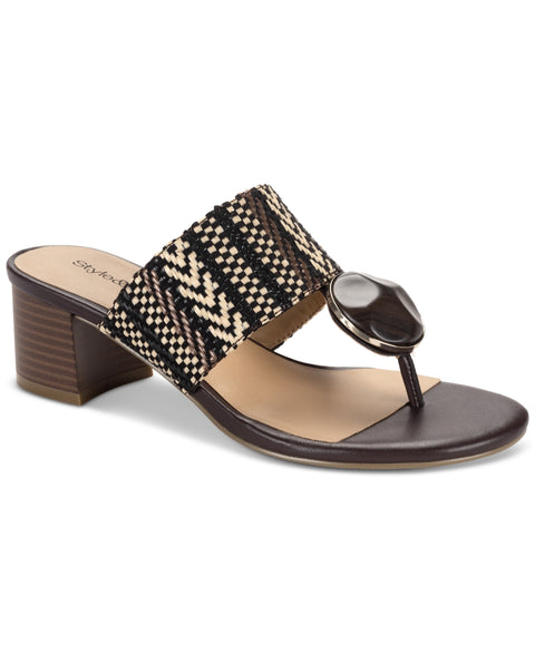Woven sandal with a block heel on a white background
