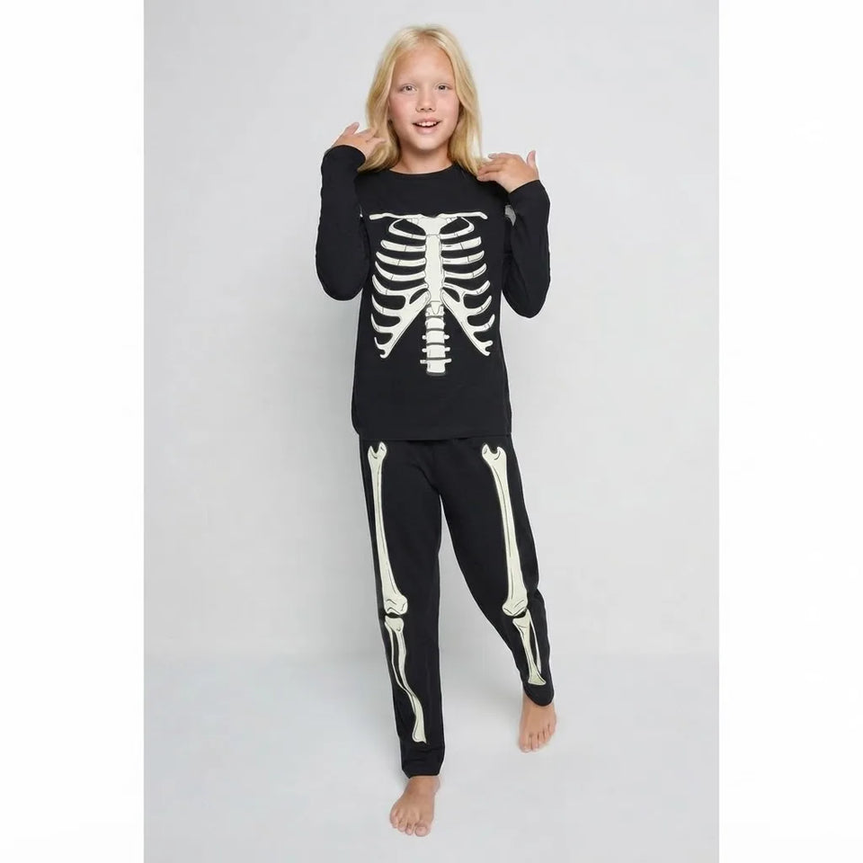 Sinsay Girl's Black & White Skeleton Bone Print Pajama Set