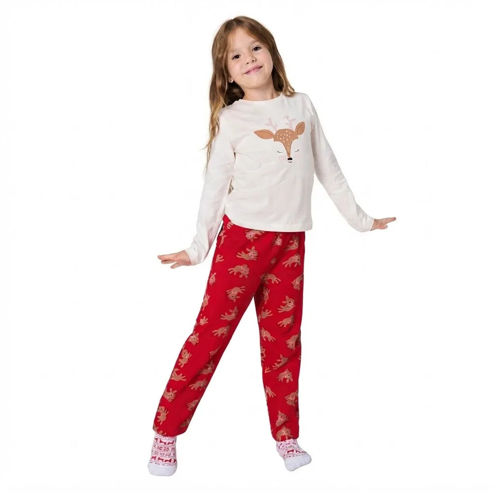 Sinsay Girl's White & Red Deer Graphic Long-Sleeves Pajama Set