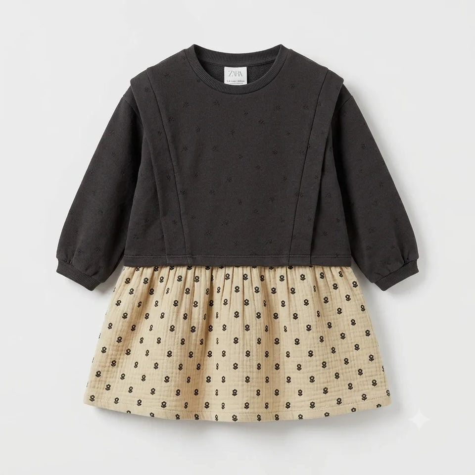 Zara Girl's Dark Grey & Beige Floral Long Sleeves Dress | Zara in Lebanon