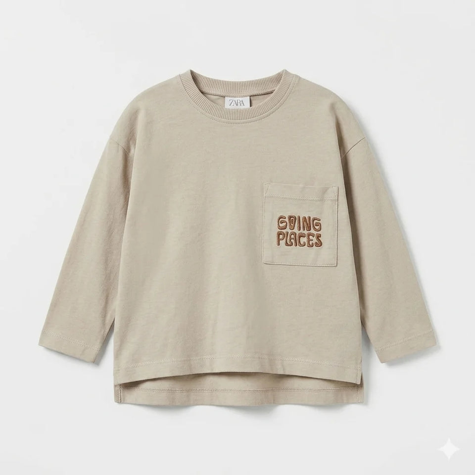 Zara Boy's Beige "Going Places" Chest Pocket Long Sleeve Blouse | Zara In Lebanon