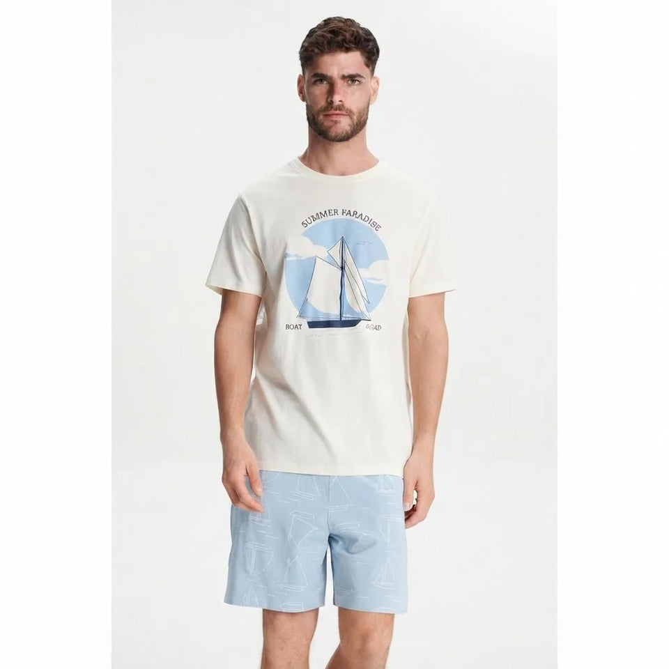Sinsay Men's White & Light Blue Printed Short Pajama Set