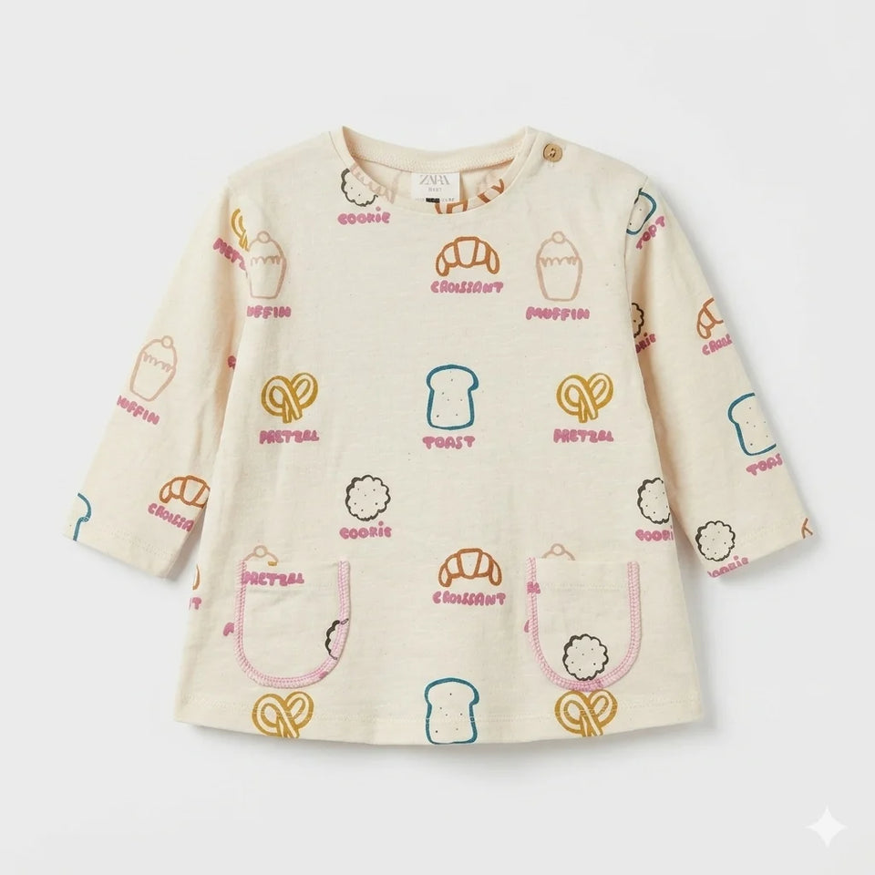 Zara Girl's Beige All Over Food Print Long Sleeve Blouse | Zara In Lebanon