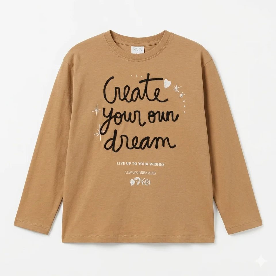 Zara Girl's Tan "Create Your Own Dream" Long Sleeve Blouse | Zara In Lebanon