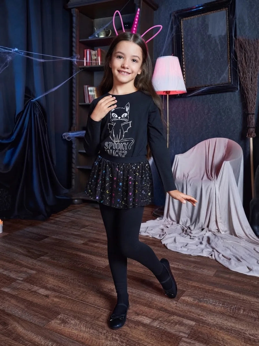 Sinsay Girl's Black Star & Moon Patterned Tutu Skirt Leggings