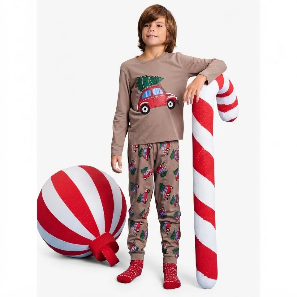 Sinsay Boy's Brown Car Printed Pajama Set