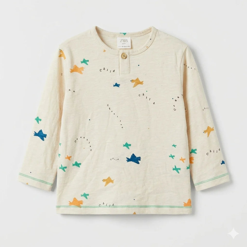 Zara Baby Girl's Beige Birds All Over Printed Long Sleeve Blouse | Zara In Lebanon