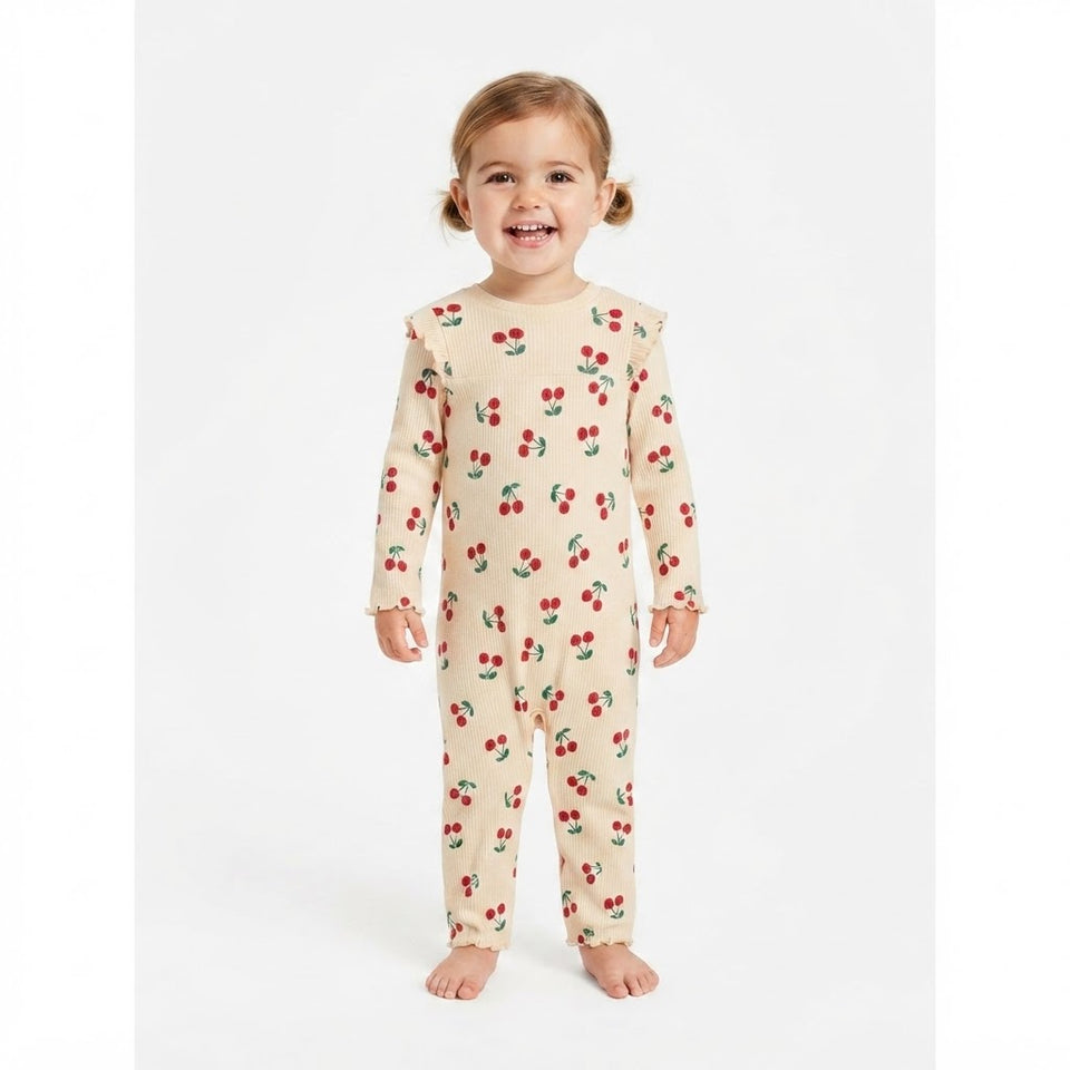 Sinsay Girl's Cream & Red Cherry Printed Ruffled Shoulder Overall