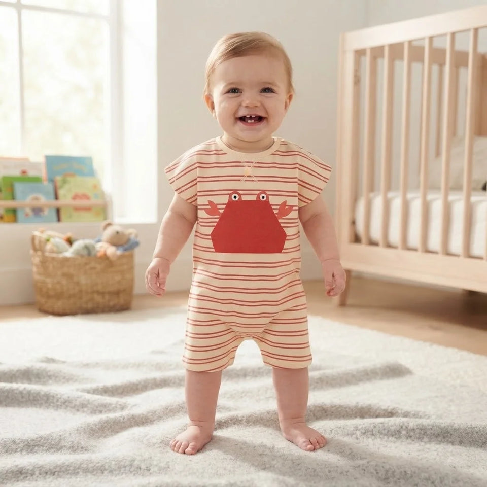 Sinsay Baby Boy's Cream & Orange Striped Short Sleeves Romper
