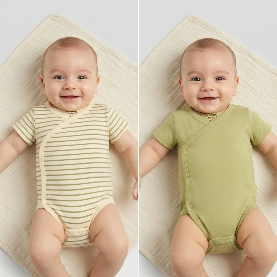 Sinsay Baby Boy's Sage Green & Beige Striped Pack Of 2 Bodysuits