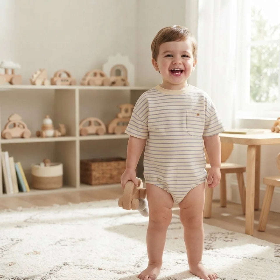 Sinsay Boy's Beige & Blue Striped Chest Pocket Bodysuit