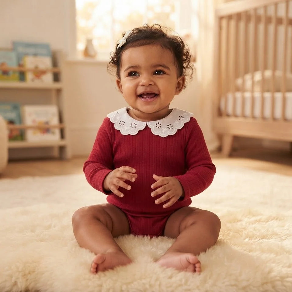 Sinsay Baby Girl's Burgundy & White Scalloped Peter Pan Collar Bodysuit