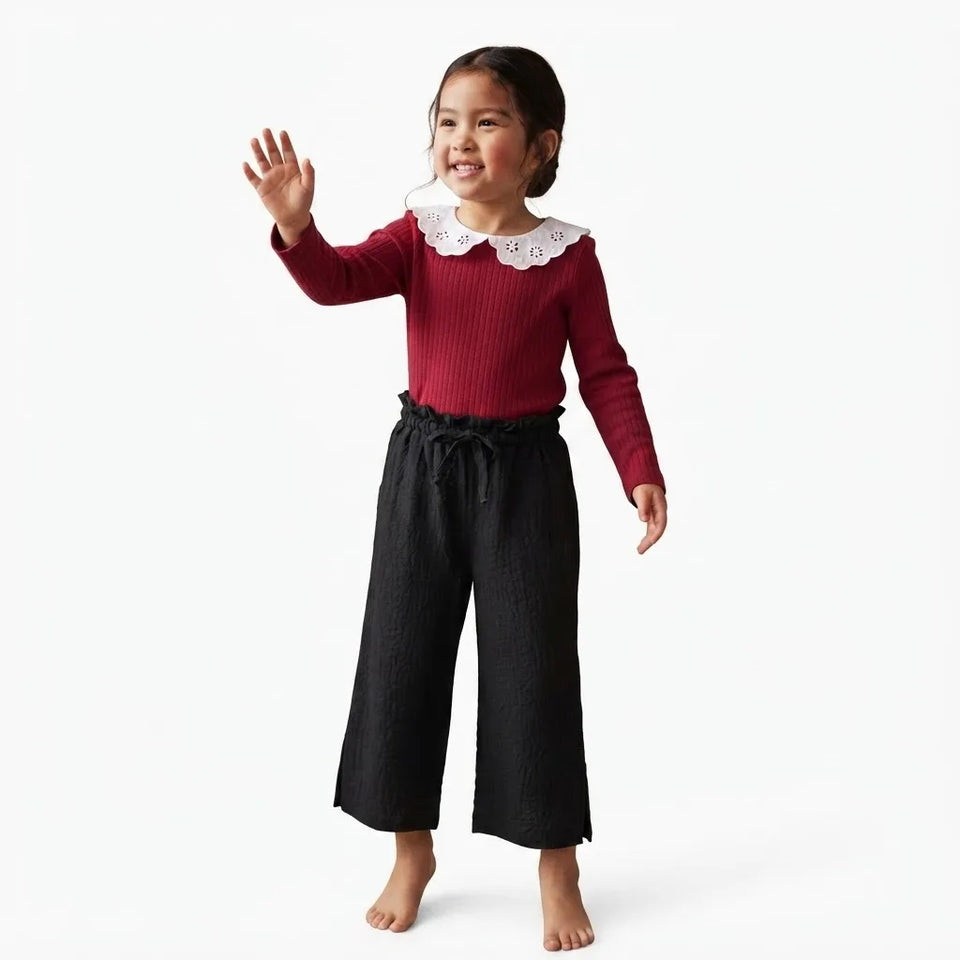 Sinsay Girl's Burgundy & White Scalloped Peter Pan Collar Bodysuit