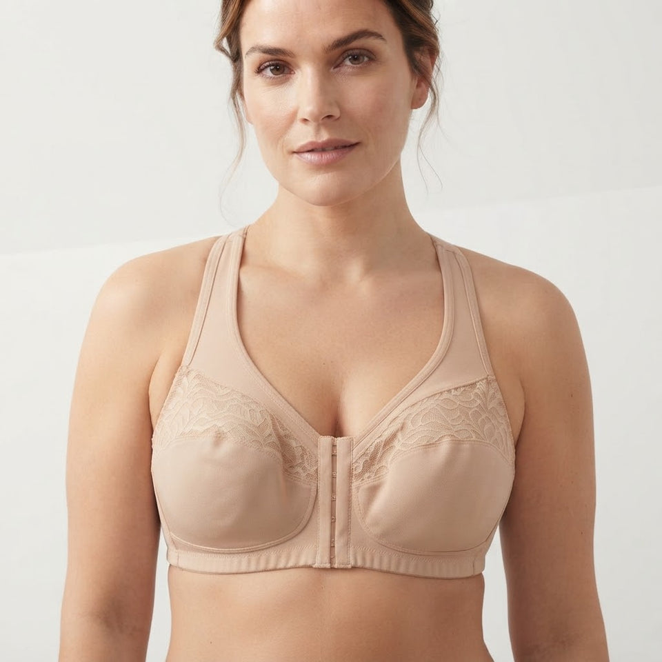 Glamorise Women's Nude Lace Solid Front-Closure Bra