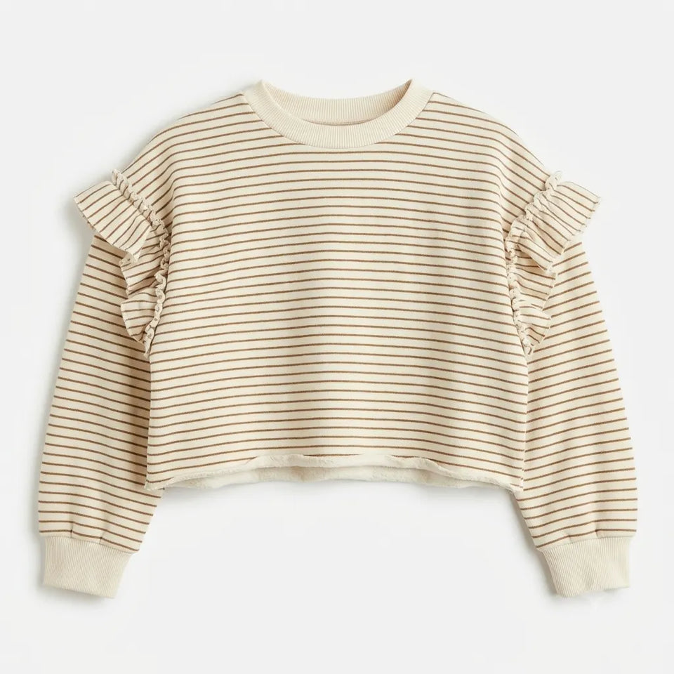 Zara Girl's Beige Striped Sweatshirt With Ruffled Sleeves | Zara In Lebanon