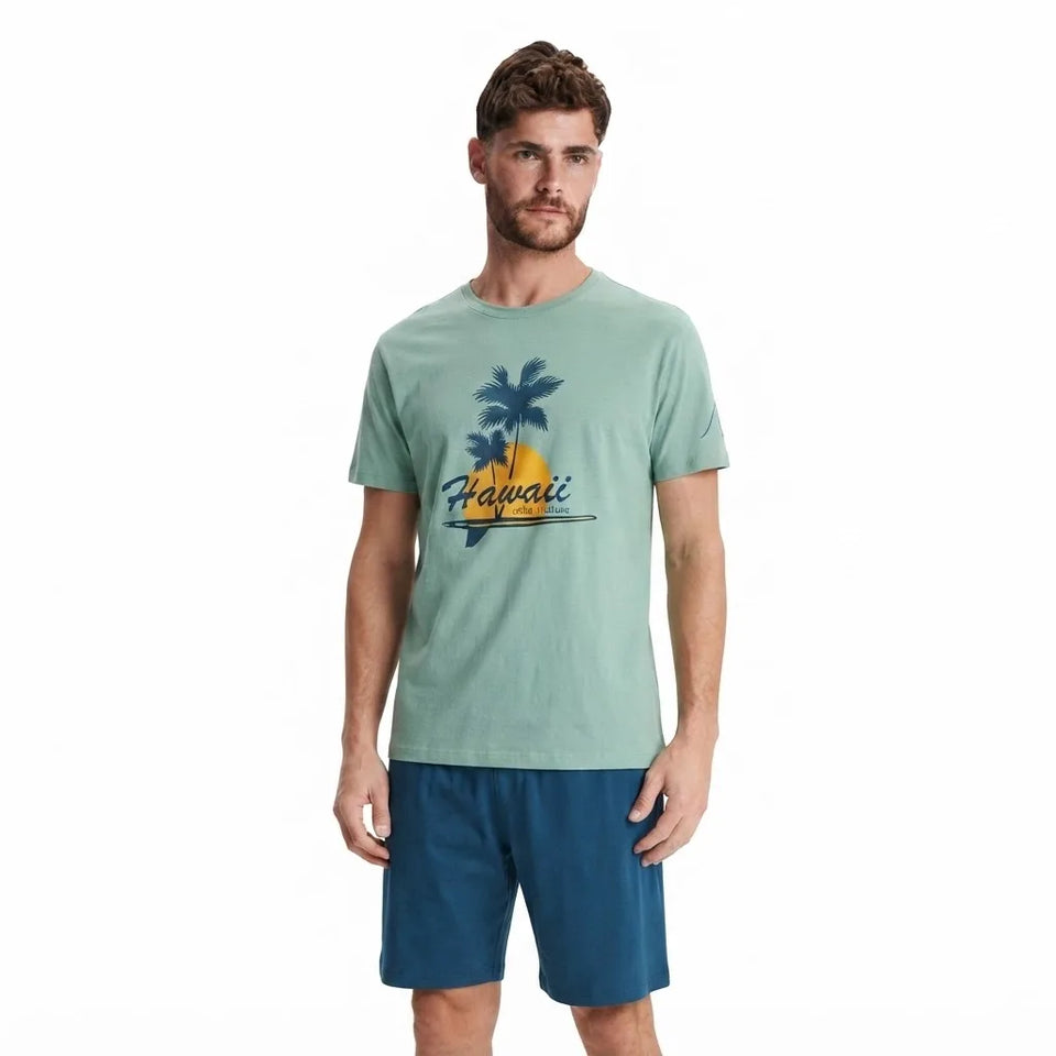 Sinsay Men's Mint Green & Dark Blue Chest Print Short Pajama Set