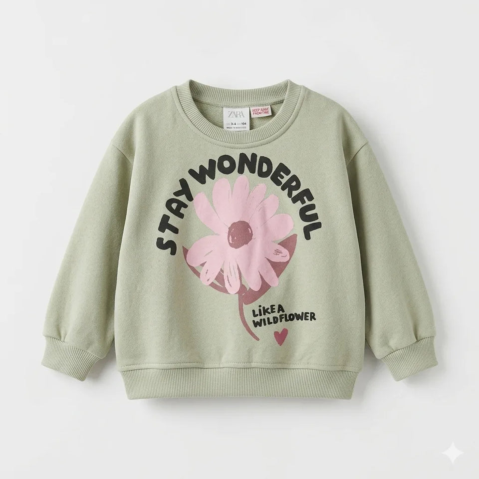 Zara Girl's Sage Green "Like A Wild Flower" Graphic Sweatshirt | Zara In Lebanon