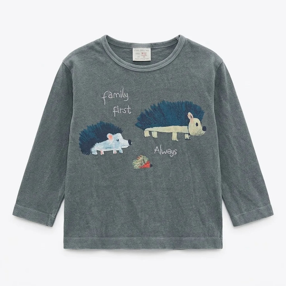 Zara Baby Boy's Dark Grey "Family First Always" Graphic Long Sleeve Blouse | Zara In Lebanon