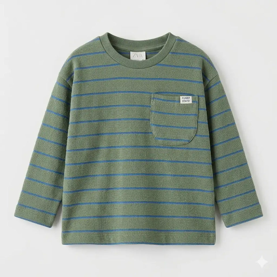 Zara Boy's Olive Green/Blue Striped Long Sleeve Blouse With Chest Pocket | Zara In Lebanon