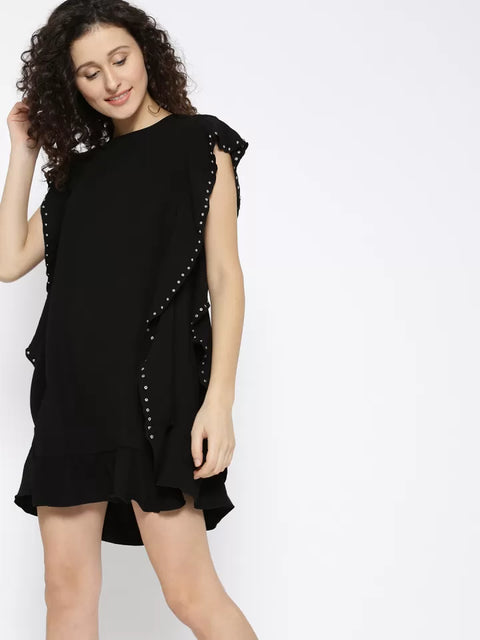 Mango Women's Black Solid Ruffled A-Line Dress |Mango In Lebanon