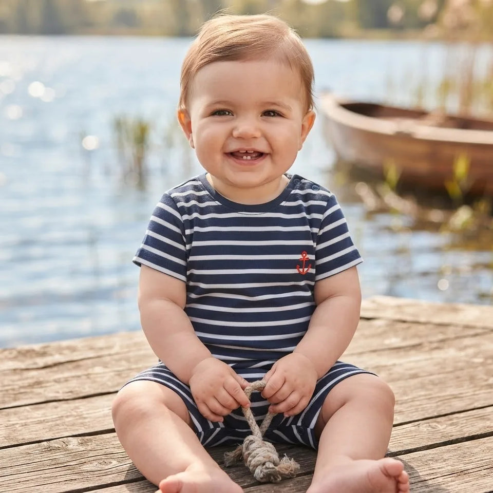 Sinsay Baby Boy's Navy & White Striped Chest Print Romper