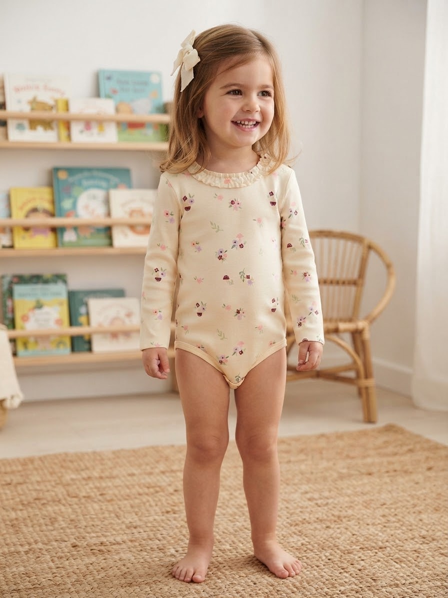 Sinsay Girl's Beige All Over Printed Long-Sleeves Bodysuits