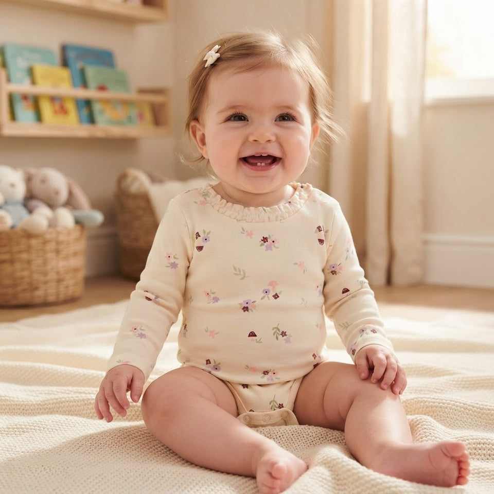 Sinsay Baby Girl's Beige All Over Printed Long-Sleeves Bodysuits