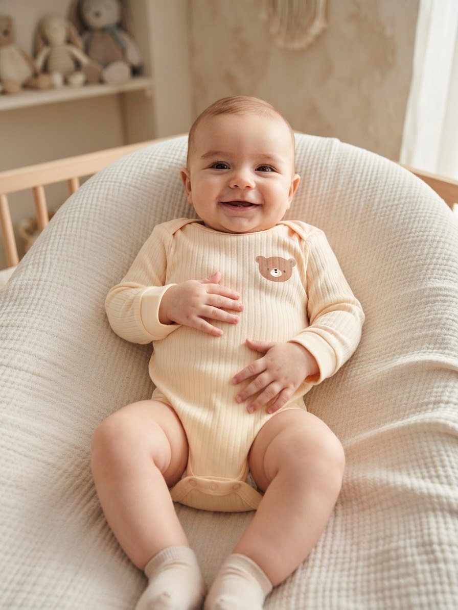 Sinsay Baby Boy's Beige Ribbed Chest Print Long-Sleeves Bodysuit