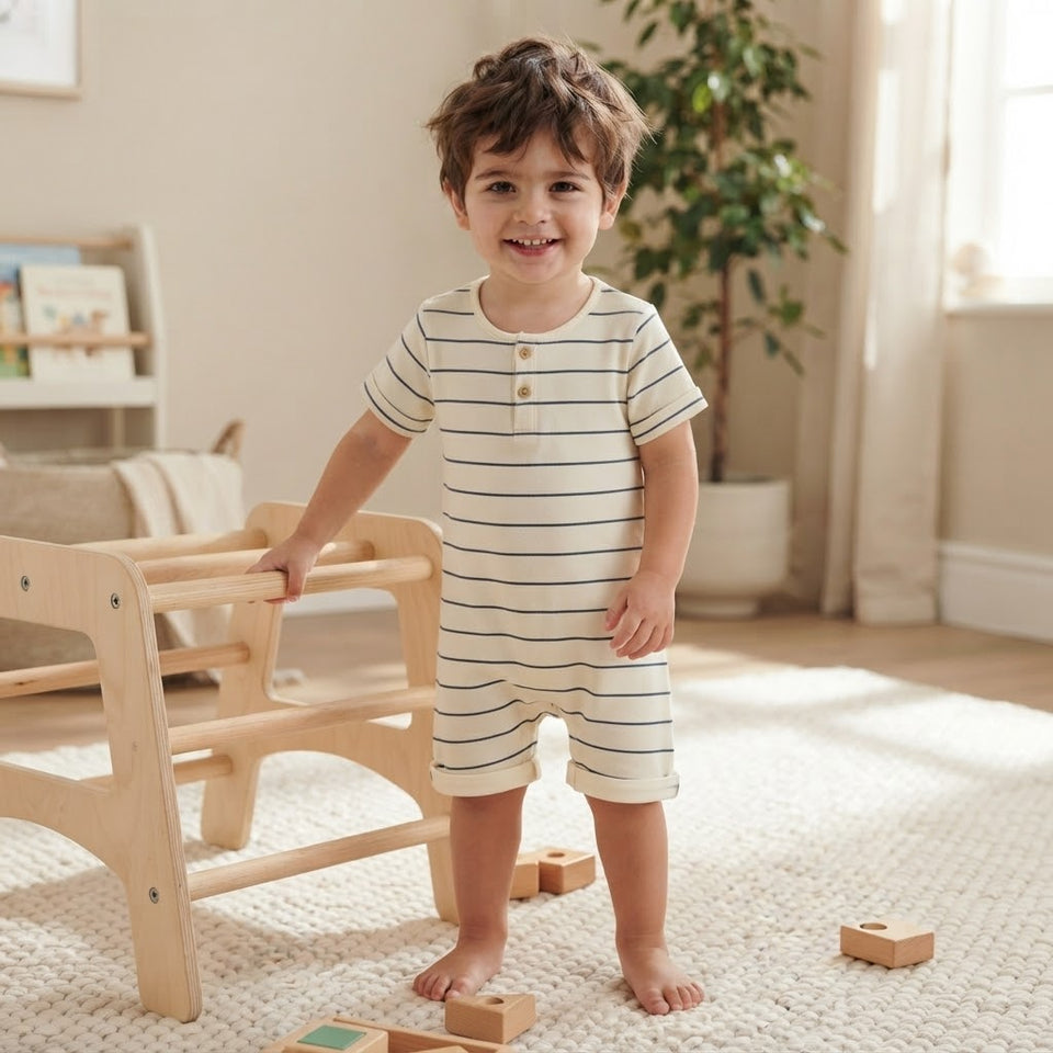 Sinsay Boy's Off White & Navy Striped Short-Sleeve Romper