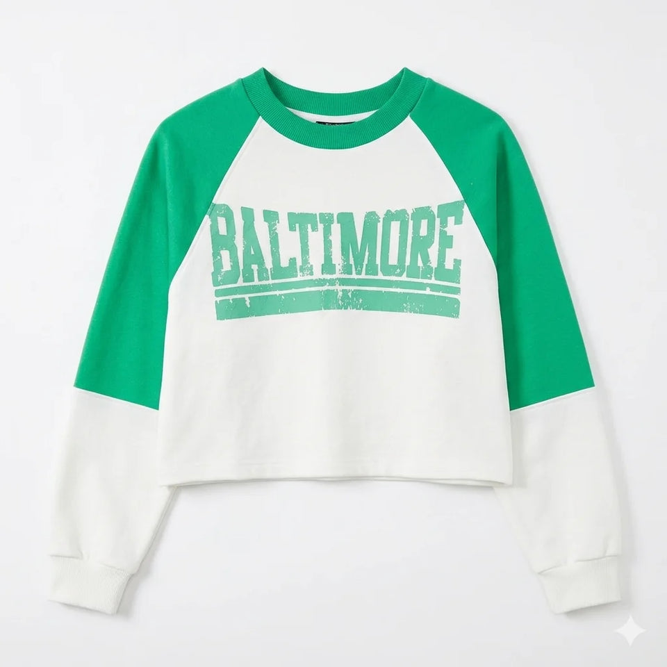 Fmoda Women's White/Green "Baltimore" Graphic Cropped Sweatshirt | Fmoda In Lebanon