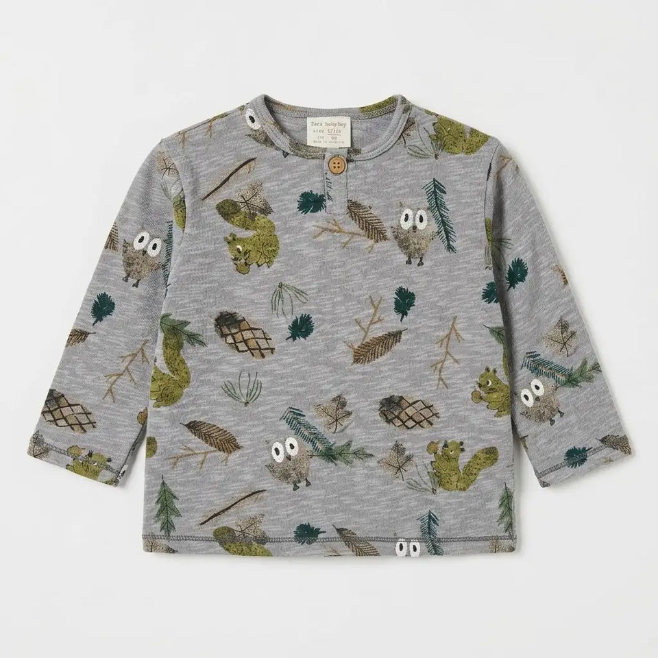 Zara Baby Boy's Grey All-Over Printed Long Sleeve Blouse | Zara In Lebanon
