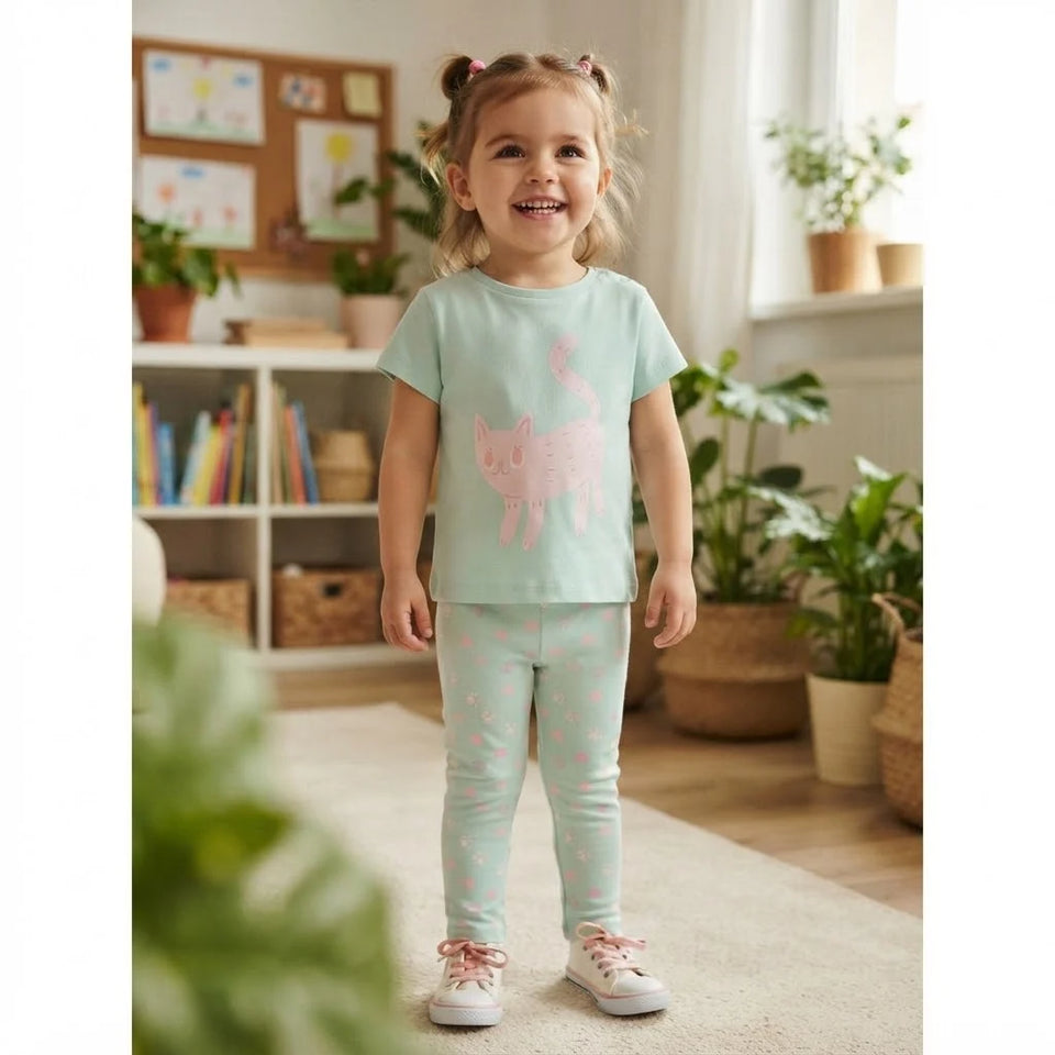Sinsay Girl's Light Turquoise Cat Graphic Printed Pajama Set